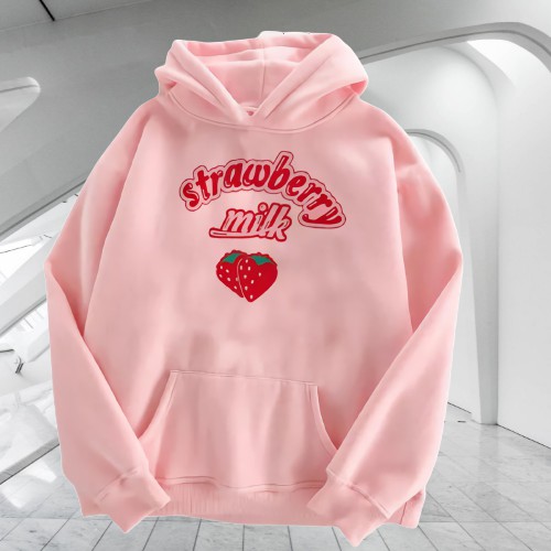 Baju Atasan Sweater Anak Perempuan Tanggung Usia 6-10 TH STRAWBERRY MILK Jaket Sweter Bahan Fleece