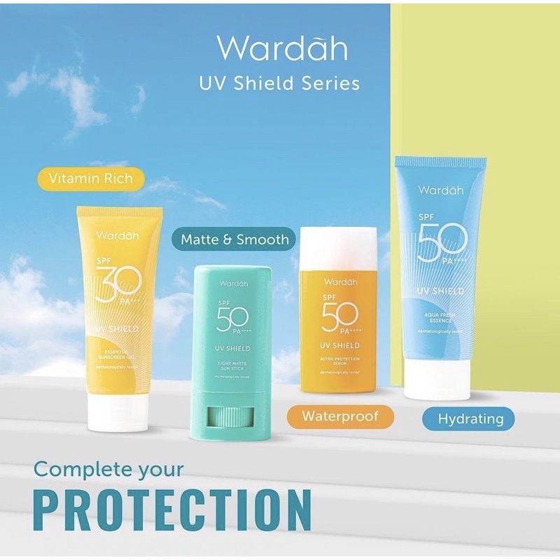 Wardah UV Shield Series | Essential Sunscreen Gel SPF 30 40ml | Aqua Fresh Essence SPF 50 30ml | Active Protection Serum SPF 50 35ml | Light Matte Sun Stick SPF 50 22gr