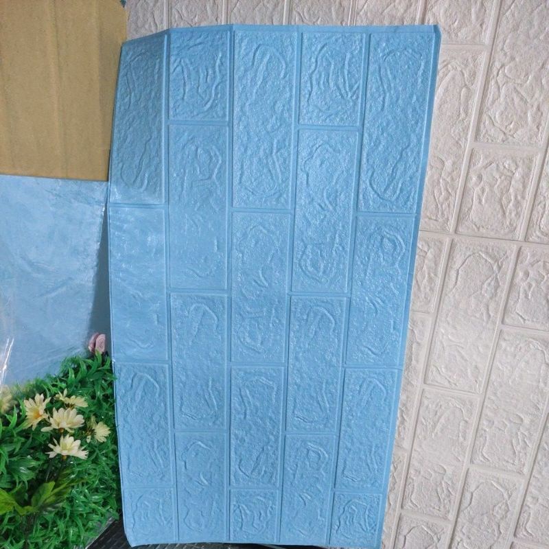 wallpaper dinding stiker dinding foam 3D motif batu bata-Biru
