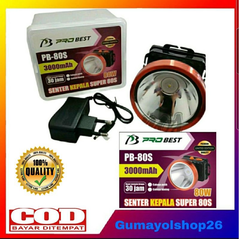 Senter Kepala Cas 80W Super Terang / Senter Kepala Pro best PB - 80S 3000mAh / Headlamp Led 80W