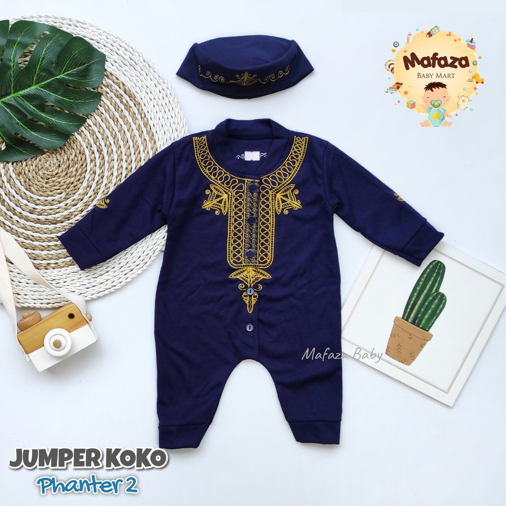 MAFAZABABY Set Jumper Romper Koko Bayi Baju Muslim Anak Bayi Laki-laki Newborn Koko Aqiqah(0-6bulan)-Motif 3 Navy