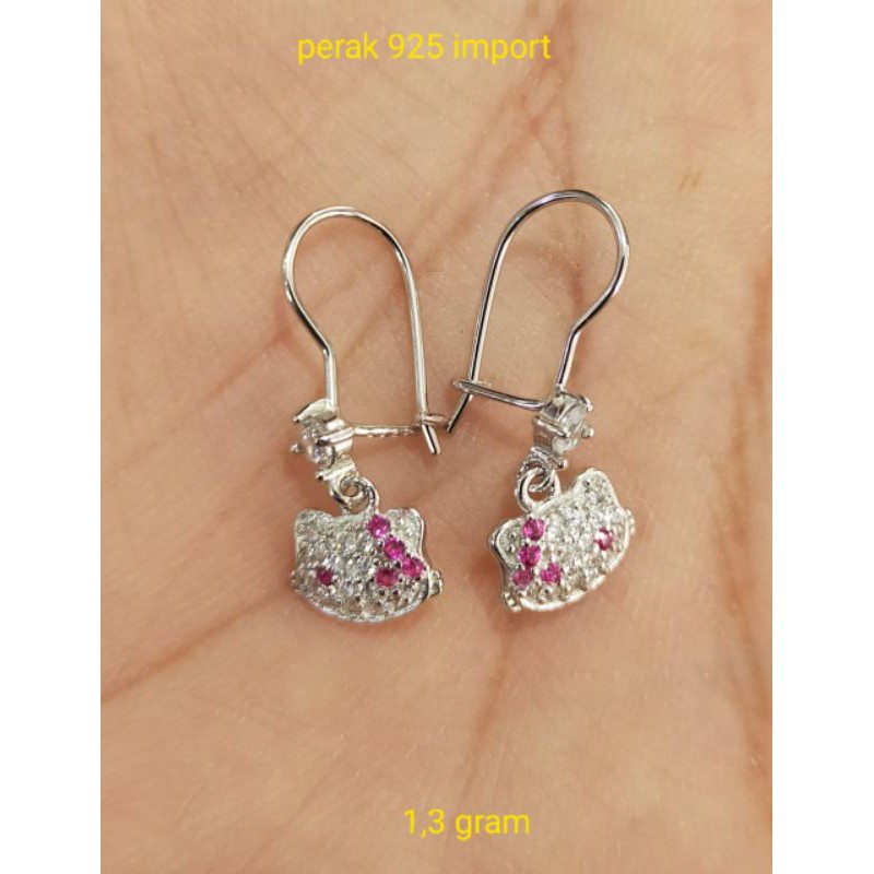 Anting gantung hello kitty, perak 925, sepuh emas putih