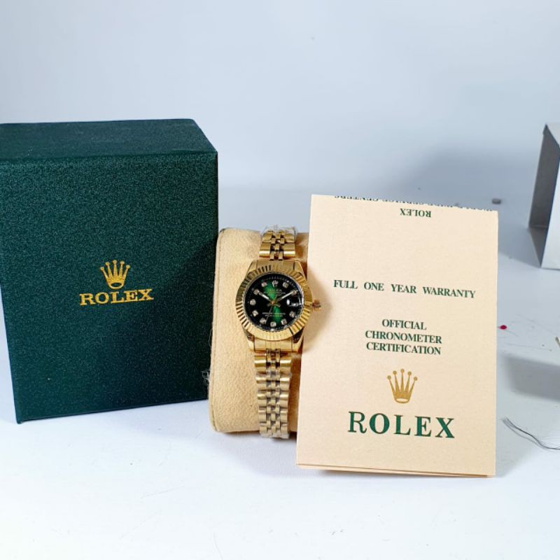 JAM TANGAN ROLEX+BOX& KARTU GARANSI JAM TANGAN WANITA RANTAI STEINLESS TGL AKTIF