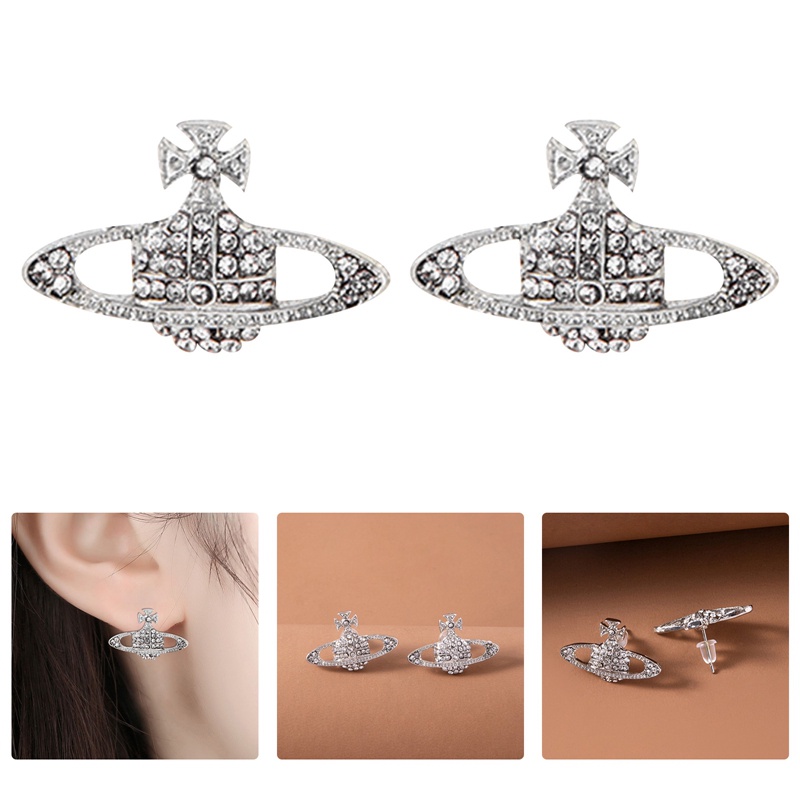 Anting Stud Desain Planet Saturnus Aksen Berlian Bahan Alloy Untuk Wanita