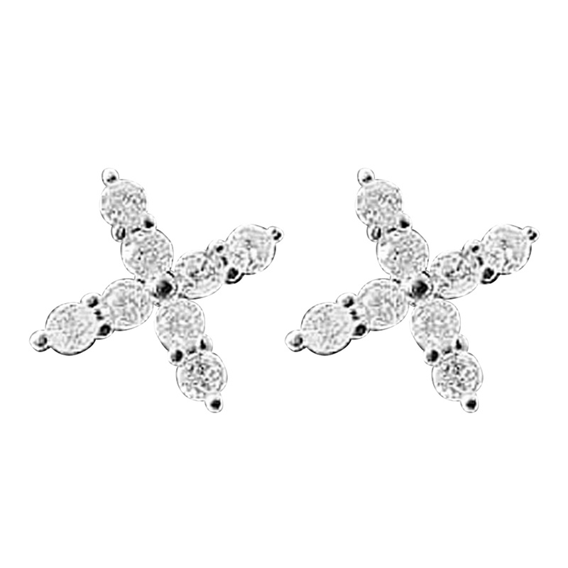 Anting Stud Desain Salib Aksen Kristal Kubik Zirkon Warna Silver Untuk Wanita