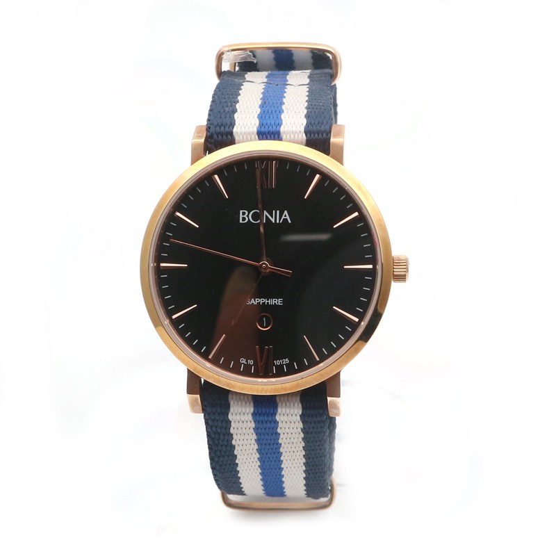 Bonia BNB10125-2533 Jam Tangan Wanita - Rosegold Black - Kanvas Biru Putih