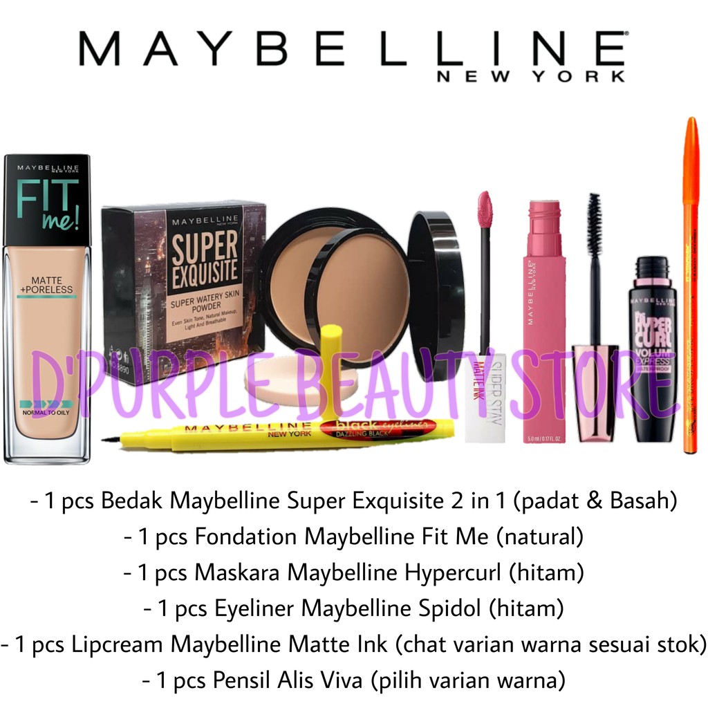 Paket Kosmetik Maybelline Lenkap Murah 6 In 1 -Bedak -Foundation -Maskara -Eyeliner -Lipcream -PA