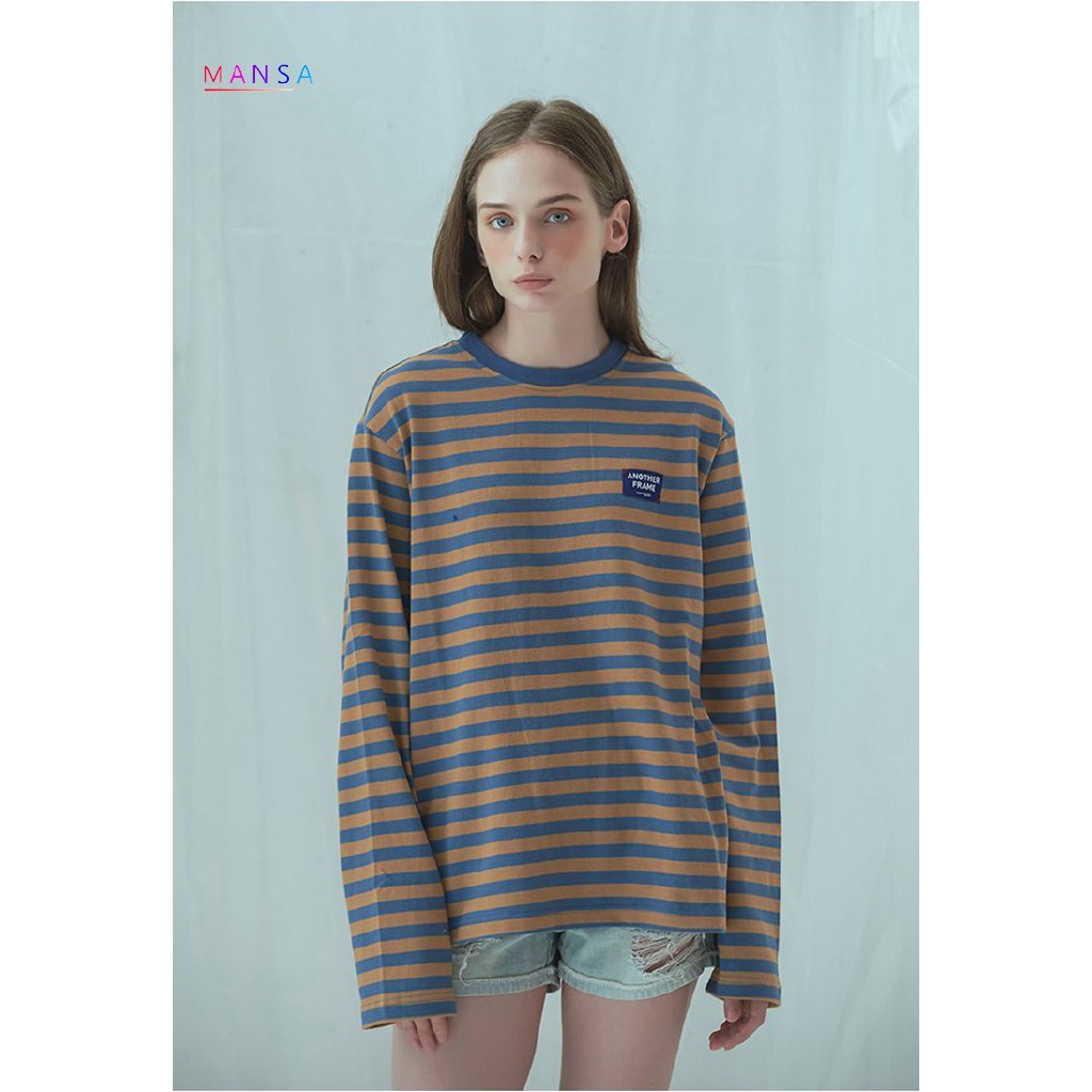 VS - Kaos T-Shirt Model Longgar Round Neck Motif Garis Gaya Korea untuk Wanita