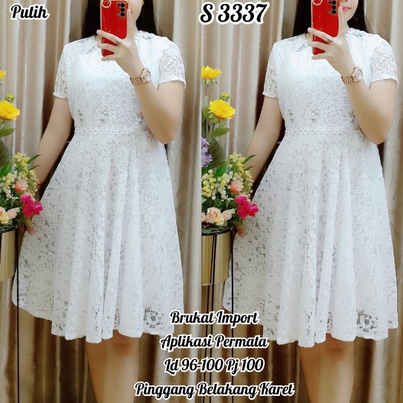 3337 #Dress Brukat Pendek Putih Permata M18