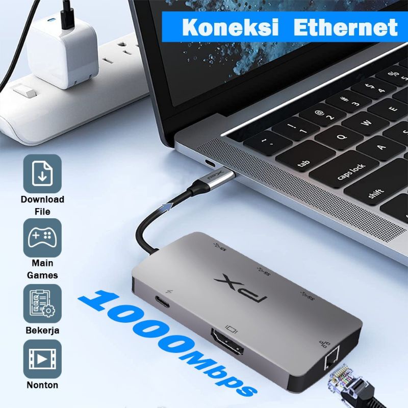 USB 3.1 Type-C 6in1 HDMI, USB 3.0, PD, Gigabit Lan PX UCH16