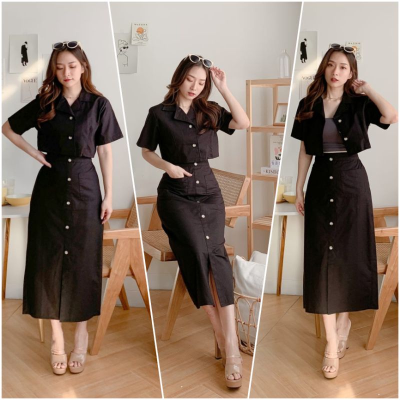 ❣️ SPECIAL PRICE ♡ PREMIUM ♡ ORIGINAL ! DANNISA 2 IN 1 BUTTON SET COLLAR CROP SHIRT WITH MIDI SKIRT / SETELAN KEMEJA PENDEK &amp; ROK ( BUSUI FRIENDLY )