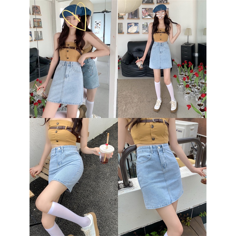 Skirt Denim Rok Pendek High Waist Wanita Motif Bunga Bordir Desain Pinggang Tinggi A-Line Rok