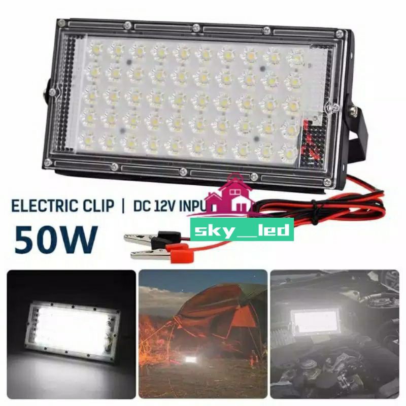 Lampu Led Sorot 12v dc  50w putih Kap Big Power Floodlight DC 12V 50W + Kabel jepit aki 1.5m/ kap