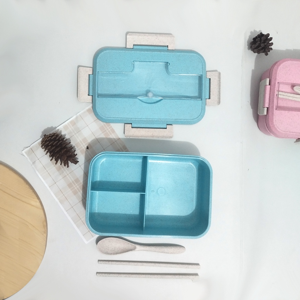 Set kotak makan jerami dan tas bekal set kotak bekal dengan sendok sumpit lunch box set lunch bag polos anti air cooler bag