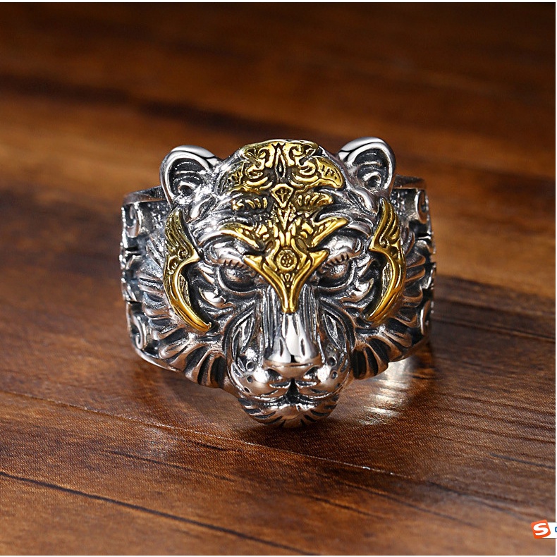 Cincin Model Kepala Harimau Terbuka Gaya Retro Untuk Pria