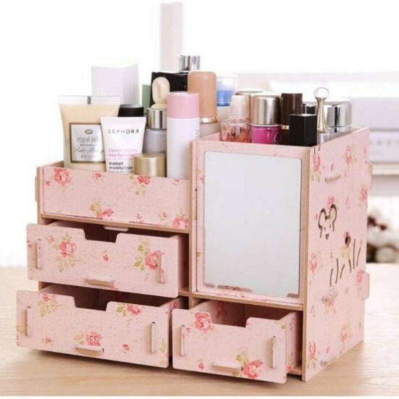 RAK MAKE UP KAYU CERMIN RAK KOSMETIK KACA DESKTOP STORAGE ORGANIZER KOSMETIK TEMPAT KOSMETIK MAKE UP