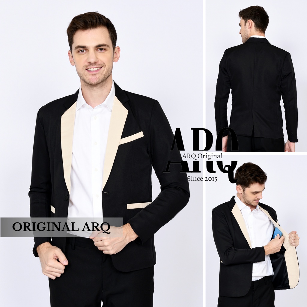 TERLARIS ! JAS BLAZER PRIA SLIMFIT FORMAL WARNA HITAM LIST CREAM BAHAN TEBAL PREMIUM ORIGINAL ARQ