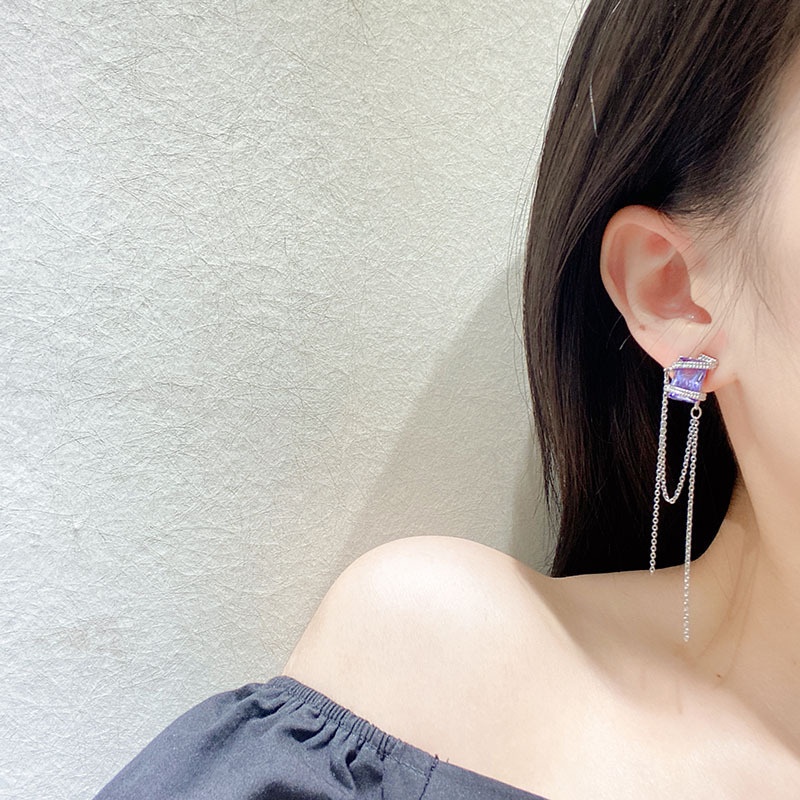 Anting Gantung Panjang Model Rantai Rumbai Berlian Imitasi Warna Ungu Untuk Wanita