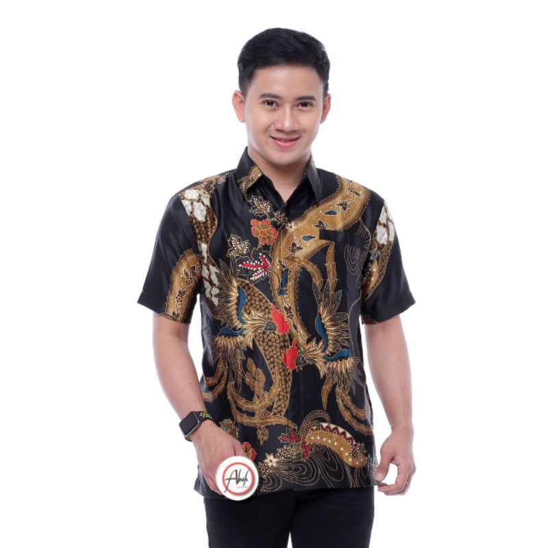 BAJU BATIK PRIA LENGAN PENDEK PREMIUM SEMI SUTRA - ATASAN HEM KEMEJA JUMBO UKURAN M L XL XXL 4L 2XL 