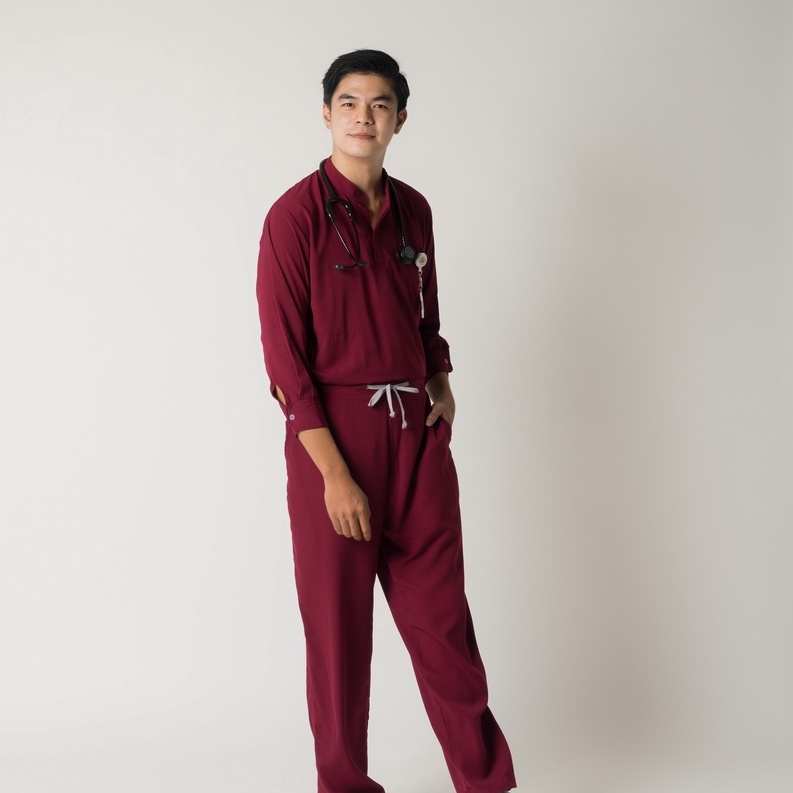 Baju Jaga MANDARIN LS - MAROON Scrubs Theatre Blues First Line Lengan Panjang