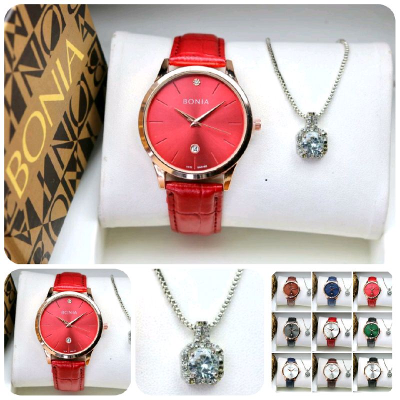Jam Tangan Wanita Bonia BNR108-2932KT Tali Kulit Free Kalung Titanium