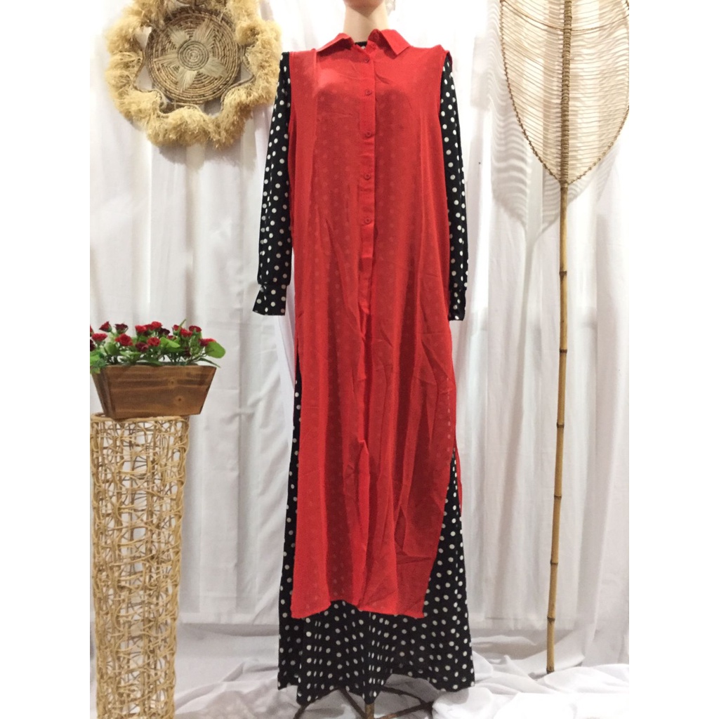 Abaya Kaos Dannis Ori Murah SALE Size M - Polkadot Hitam Merah