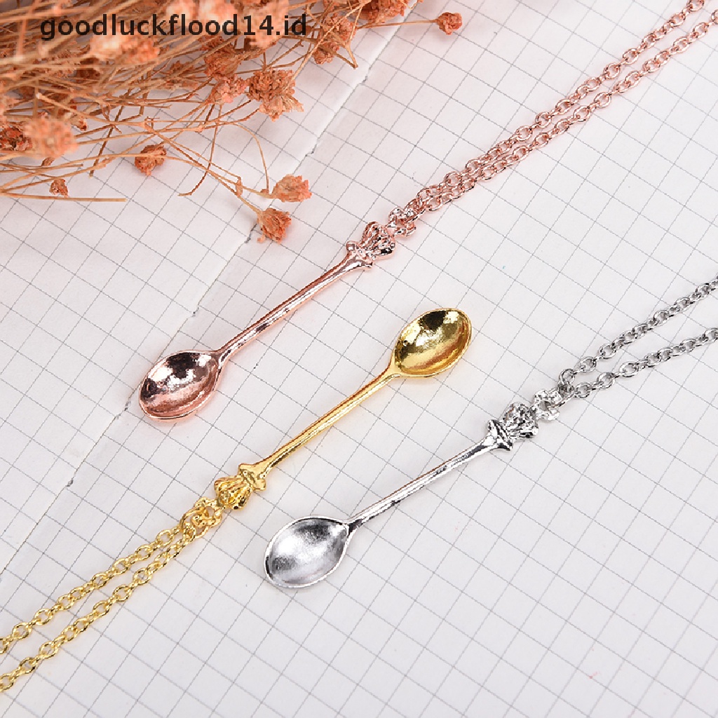 [OOID] Fashion Women Tiny Tea Spoon Crown Pendant Necklace Alloy Chain Charm Jewelry ID