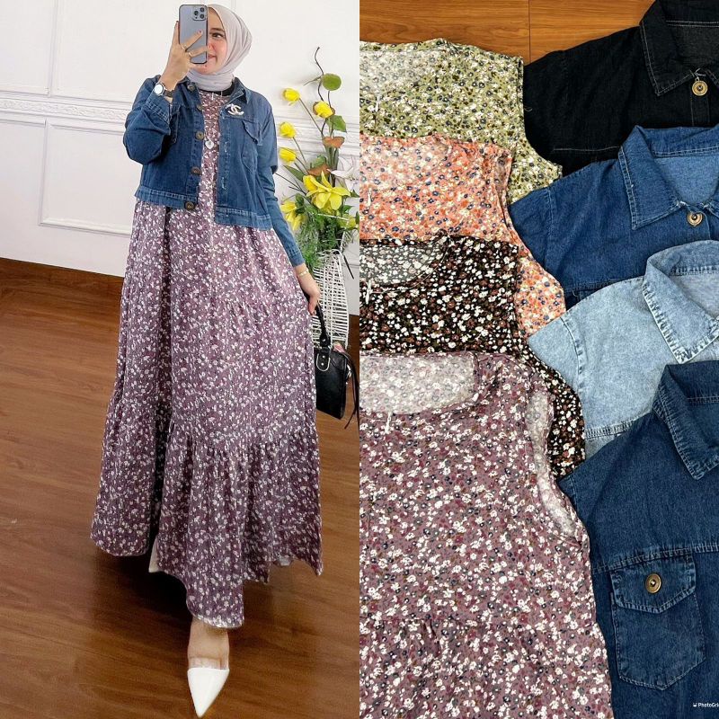 Amanda gamis set outer jeans/setelan jaket jeans