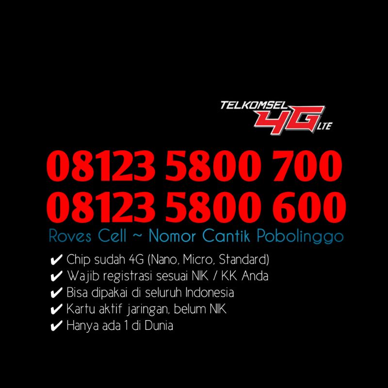 NOMOR CANTIK TELKOMSEL 4G LTE SERI DOUBLE RATUSAN 800 700 800 600 BUKAN TRIPLE, KWARTET, PANCA, HEXA 08123 5800 600 700