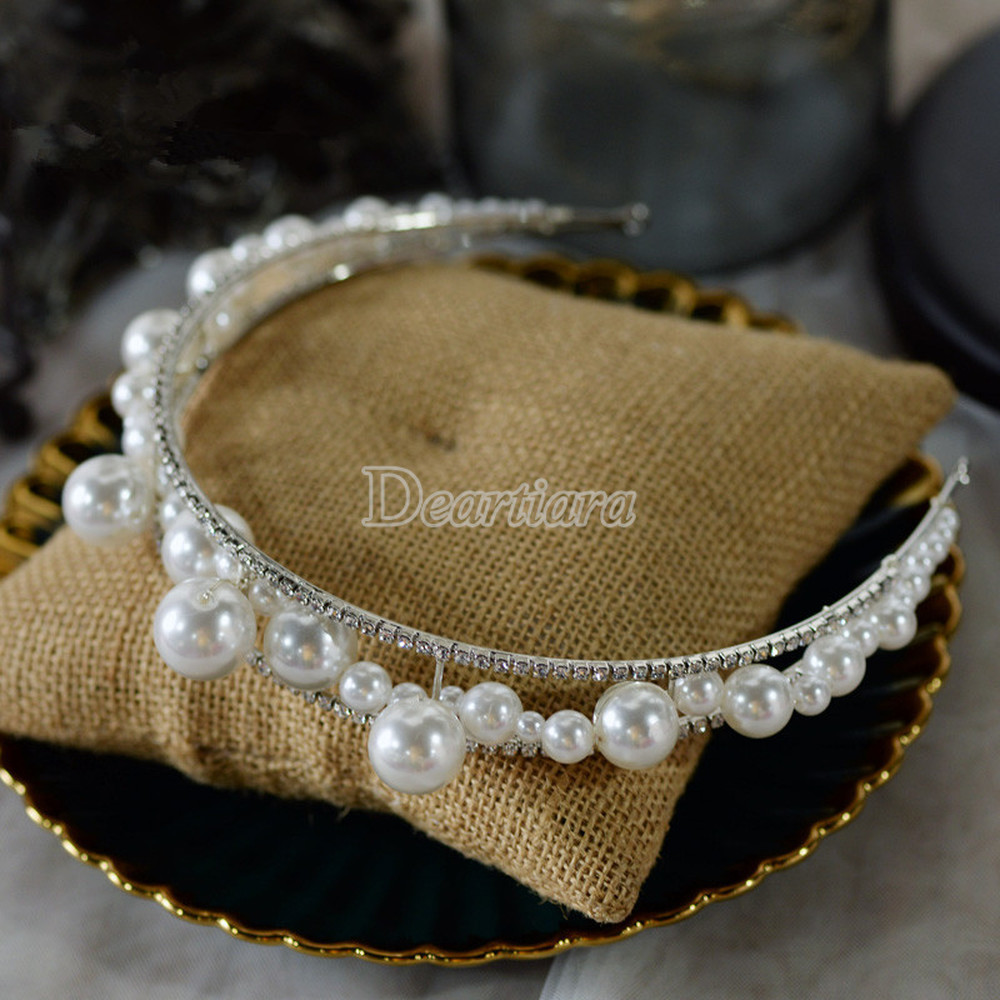 Bandana Bahan Alloy Aksen Mutiara Berlian Imitasi Gaya Korea Untuk Aksesoris Rambut Pengantin Wanita