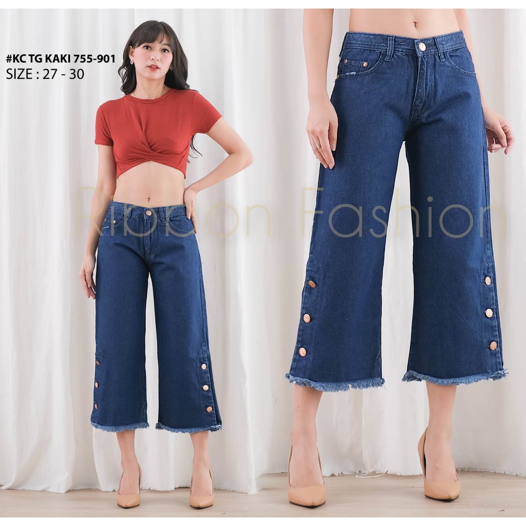 Ribbon Fashion - RF KULOT JEANS 7/9 KANCING TIGA RAWIS WARNA BIRU TUA WANITA / CELANA JEANS KULOT BO