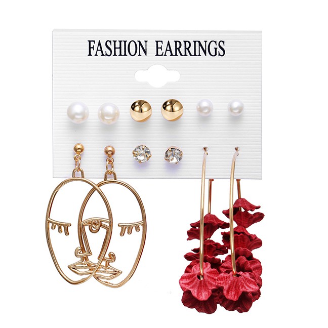 LRC Anting Set Fashion Tassel Orange Tassel Acrylic Diamond Pearl Geometric Alloy Earring Set