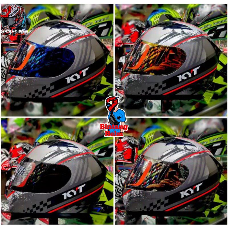 Helm full face kyt R10 seri #4 Gunmetal Dof visor blue/gold/silver