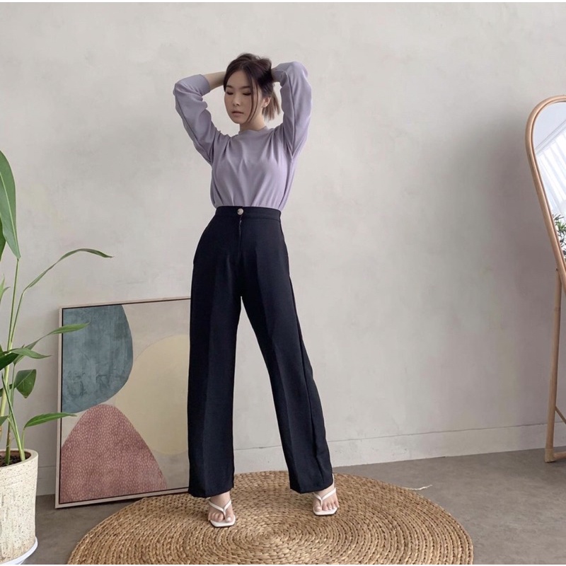 FEY KOREA LONG PANTS - CELANA STRAIGHT CUT WANITA PREMIUM - CELANA  KERJA PANJANG FORMAL WANITA - FLOWY PANTS - CELANA BAHAN - CELANA CASUAL - HADIAH ATAU KADO ULTAH CEWEK