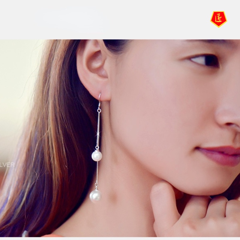 [Ready Stock]Silver Elegant Pearl Earrings Women's Long Simple All-Match