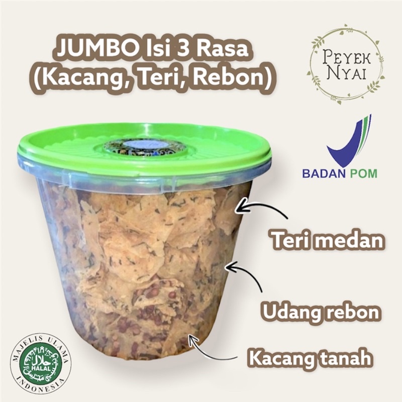 

PEYEK NYAI - Rempeyek Campur Isi 3 Rasa (Kacang, Teri, Rebon) (JUMBO)