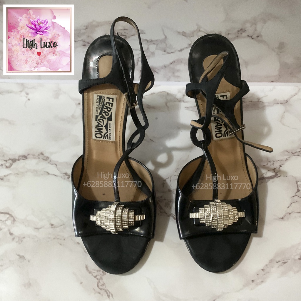 Salvatore Ferragamo Size 38 Black Hitam Leather High Heels Crystal Embellished Ankle Strap High Heel