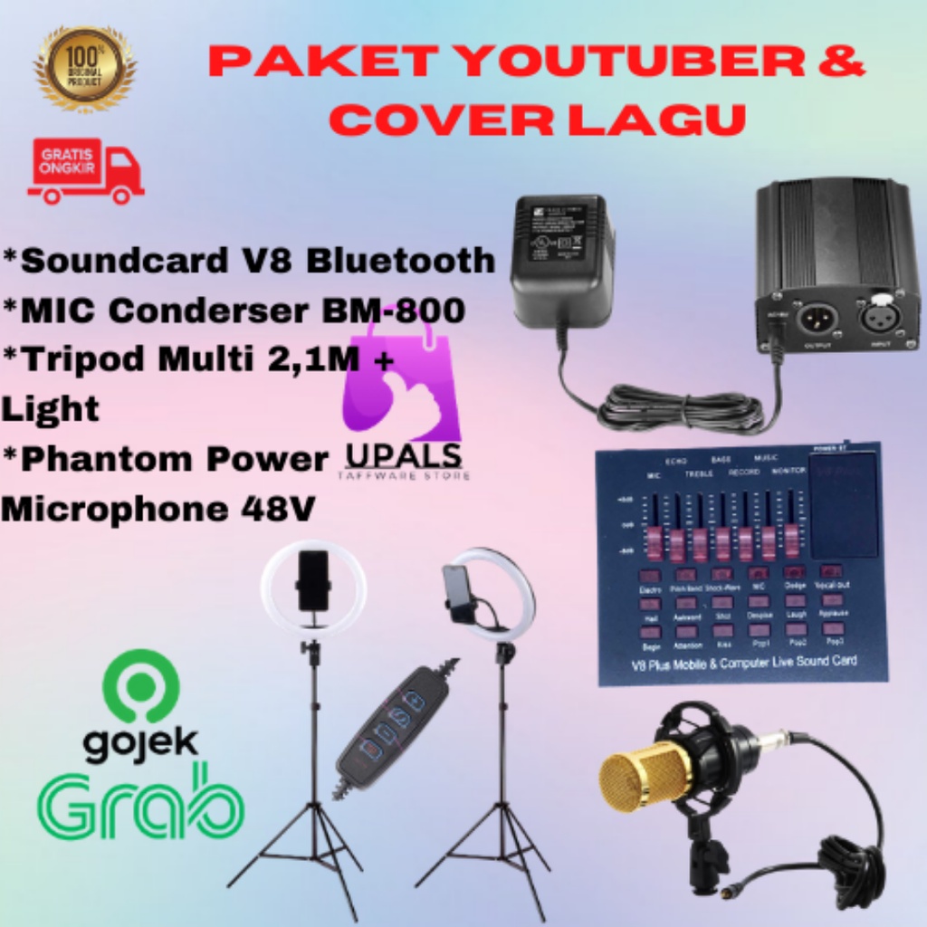 Paket Youtuberrs Karaoke MIC+SOUNDCARD+TRIPOD+LAMPU+PANTHOM POWER Original Taffware