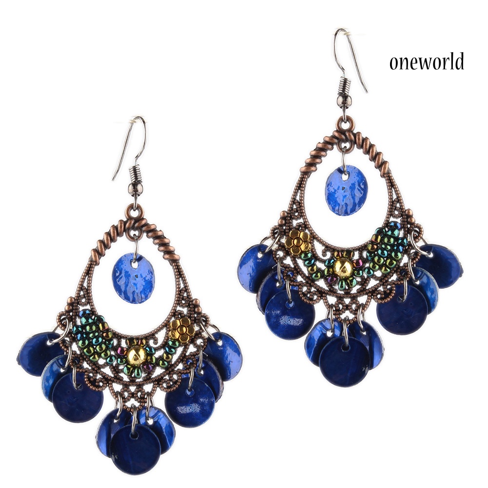 OW# Bohemian Women Disc Charms Hollow Dangle Hook Chandelier Earrings Jewelry Gift