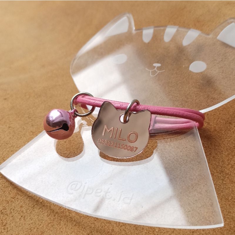 iPet KALUNG KUCING KULIT ASLI CUSTOM NAMA TAG AKRILIK LONCENG ROSE GOLD