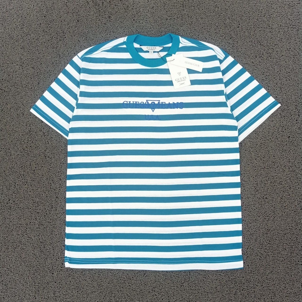 Guess x Asap Rocky Stripe Blue Tosca Tee T-Shirt Kaos