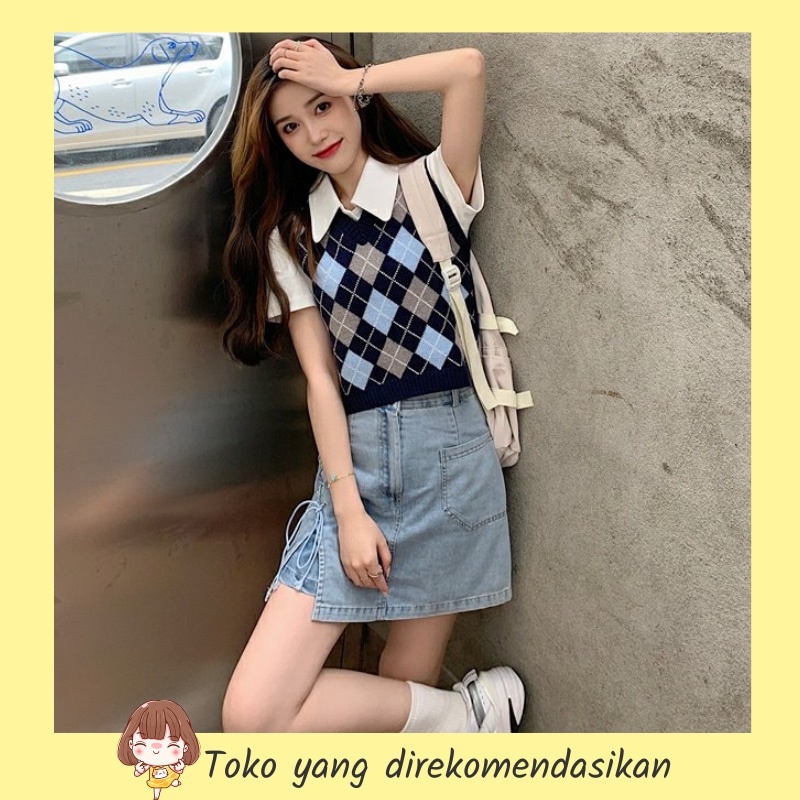 Korea vest rajut Kotak kotak rompi wanita v neck Vintage rompi rajut