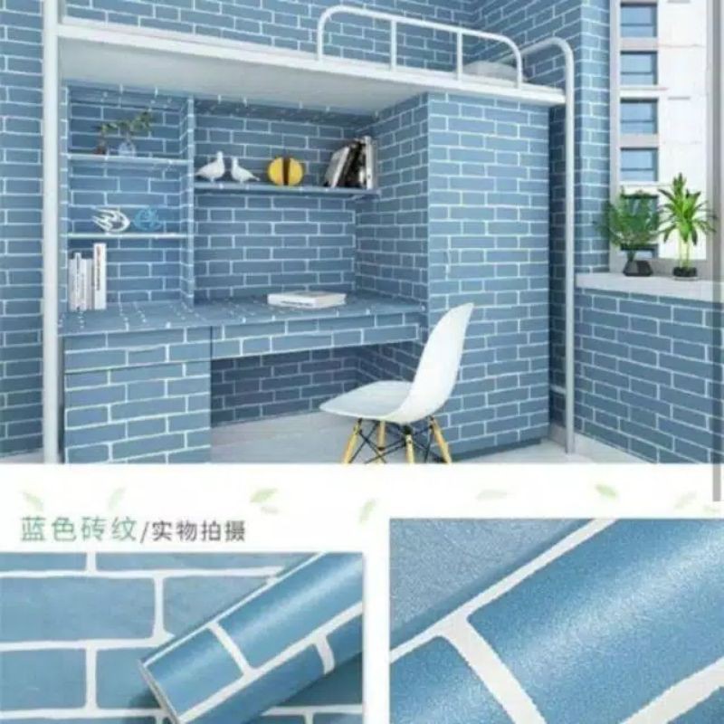 Walpeper dinding motif 3D / ungu / biru / kuning / putih / kayu / walpaper dekorasi-BATA BIRU