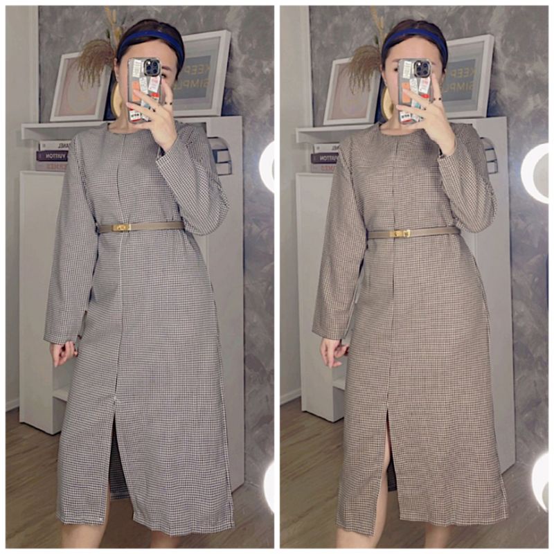 ⚡️CLEARANCE SALE ♡ PREMIUM ♡ ORIGINAL ! THANIA TUNIK PLAID HOUNDSTOOTH LONG SLEEVE THICK MIDI SLIT DRESS