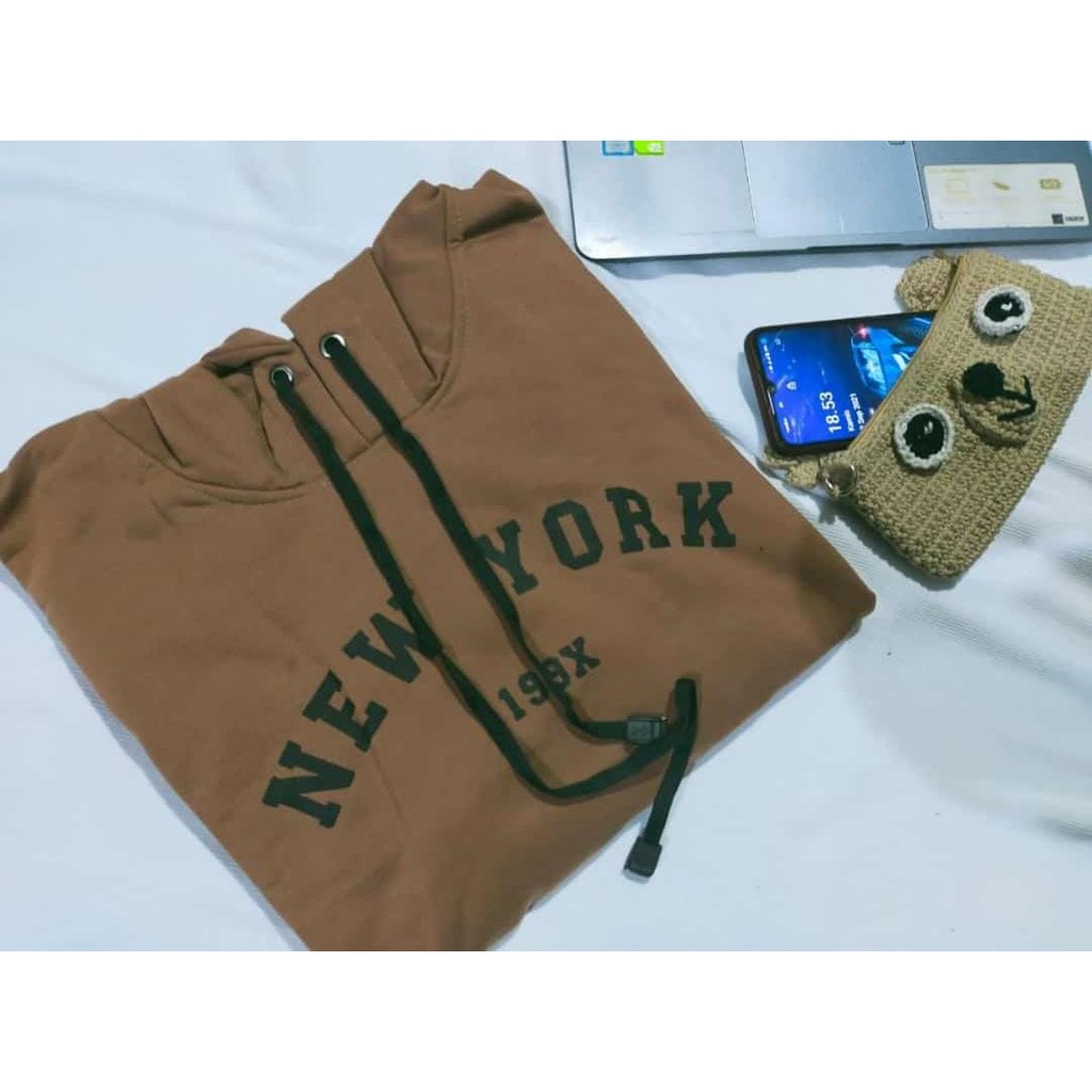 Sweater HOODIE Wanita NEW YORK 199X//Flecee//Allsize Sweater-moka