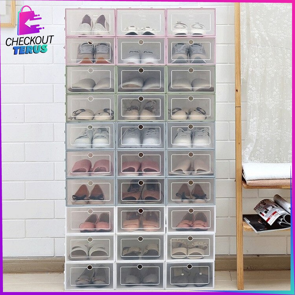 CT C158 Kotak Sepatu Lipat Transparan Tebal Shoes Storage Box Organizer Rak Sepatu Plastik Susun Tempat Penyimpanan Sepatu