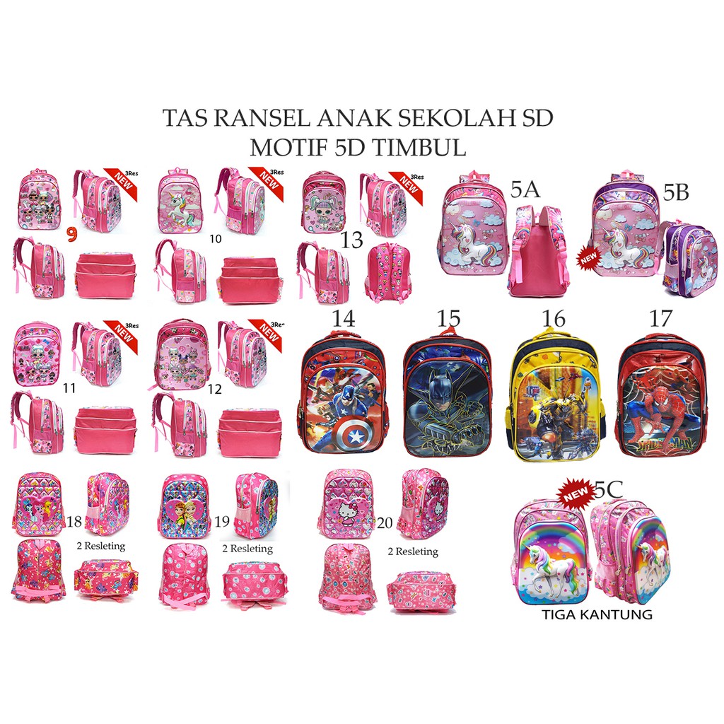 PROMO RANDOM ANAK SEKOLAH CUCI GUDANG Tas RANSEL Anak Sekolah SD Perempuani 5D TIMBUL / USAP IMPORT - Ukuran Besar Dan Luas ( ADA PILIHAN RANDOM  )