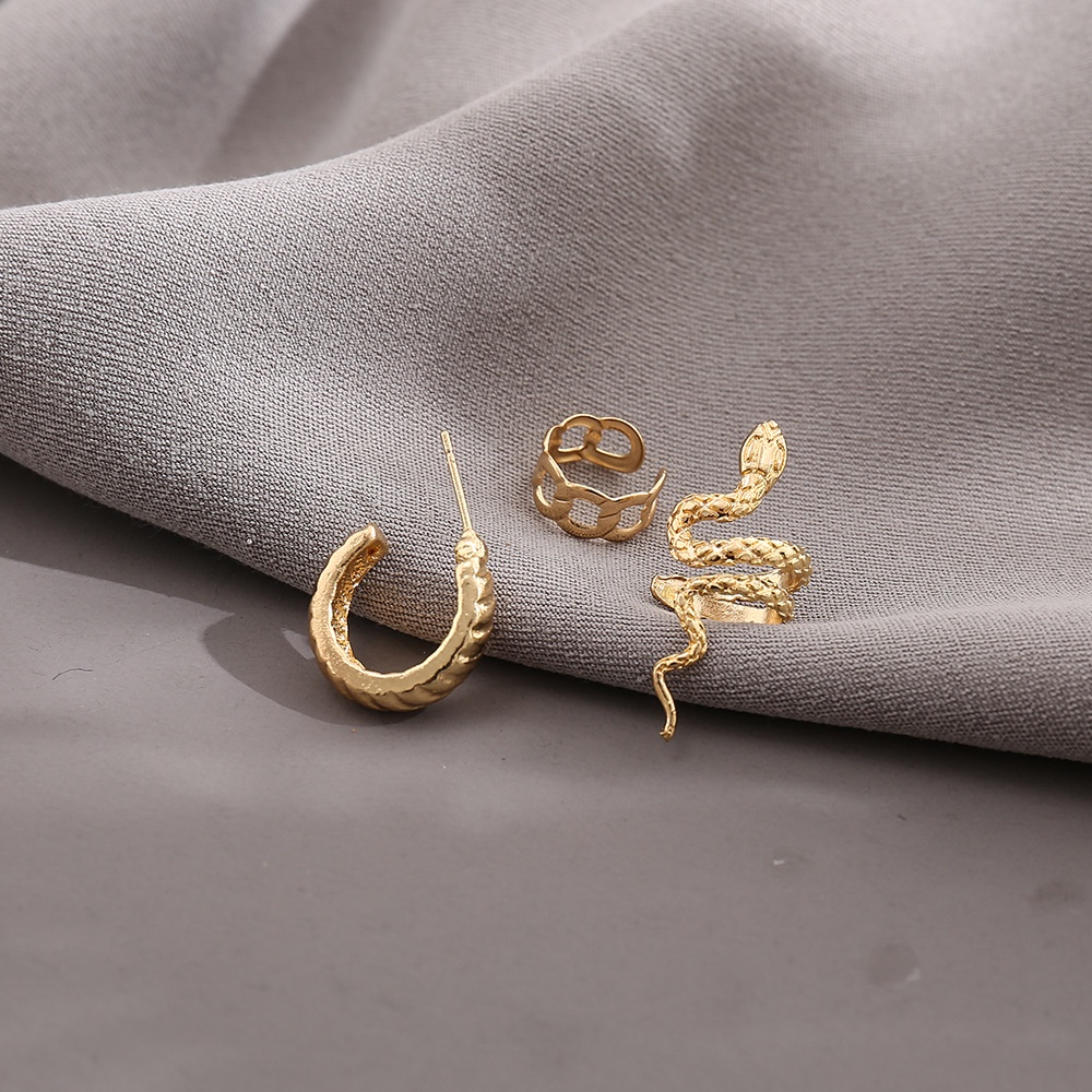 3pcsset Anting Tusuk Desain Rantai Ular Warna Gold Gaya Punk Untuk Wanita