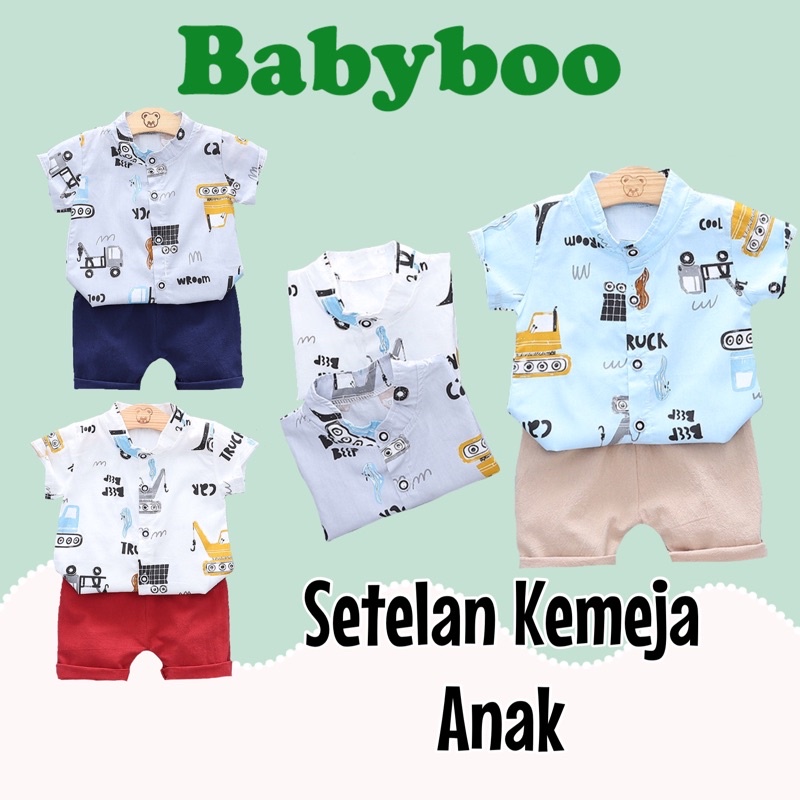 Setelan Kemeja Anak Motif Mobil Alat Berat