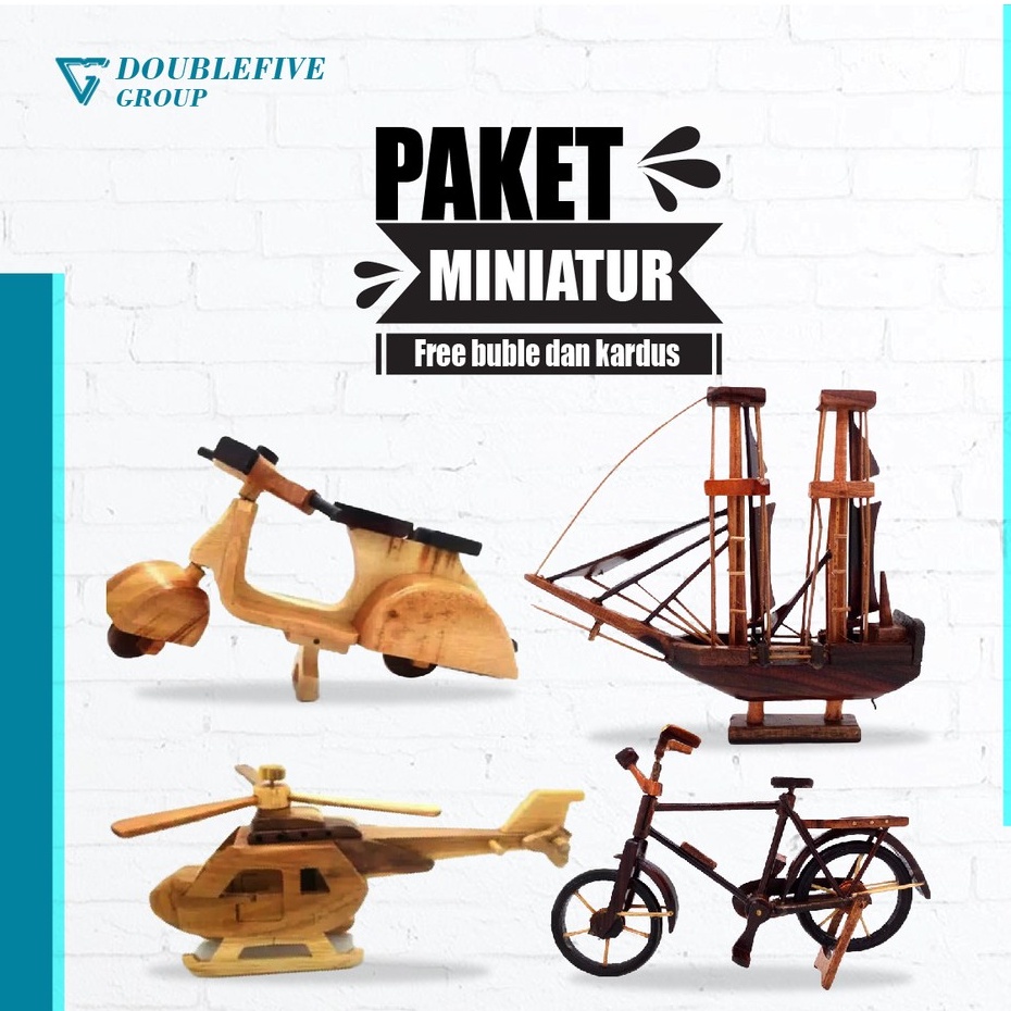 Miniature Paket A isi 4pcs - Miniatur dari kayu [Vespa, kapal pinisi, sepeda, Helikopter]